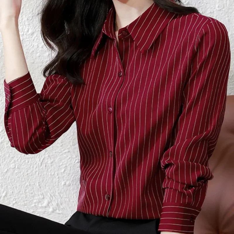 Striped Long Sleeve Women Shirt Button Up Blouse Lightweight Chiffon Tops Elegant Casual Office Wear