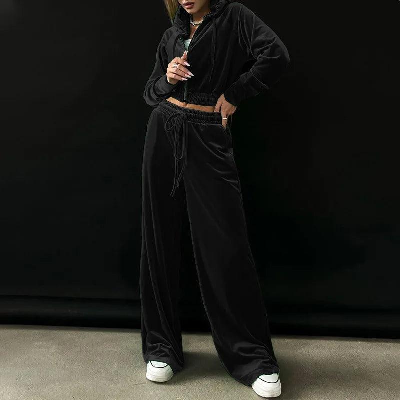 Velvet Tracksuit Women Two Piece Set with Zipper Crop Coat and Long Pants Casual Outfit