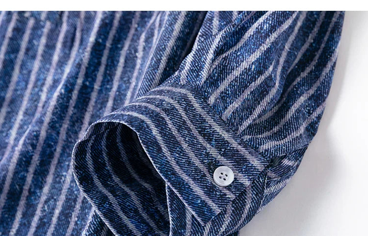 Women 100 Percent Mulberry Crepe Silk Shirt Blue Jeans Stripe Printed Three Quarter Sleeve Pullover Blouse Elegant Office Top in M L XL