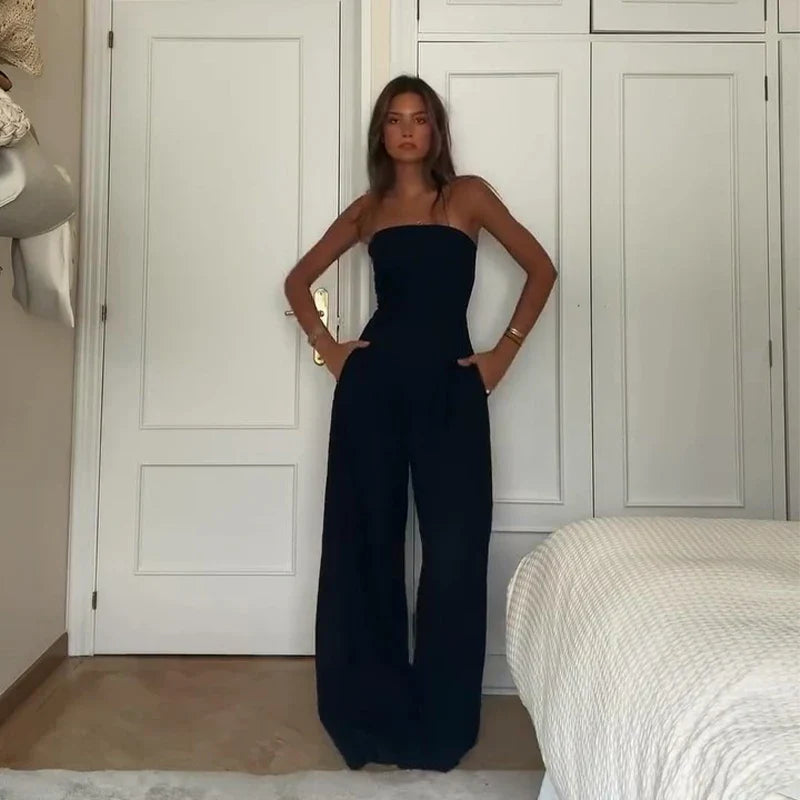 Solid Backless Off Shoulder Jumpsuit for Women Waist Cinching Wide Leg Pants with Pockets Elegant Summer Bodysuit Outwear