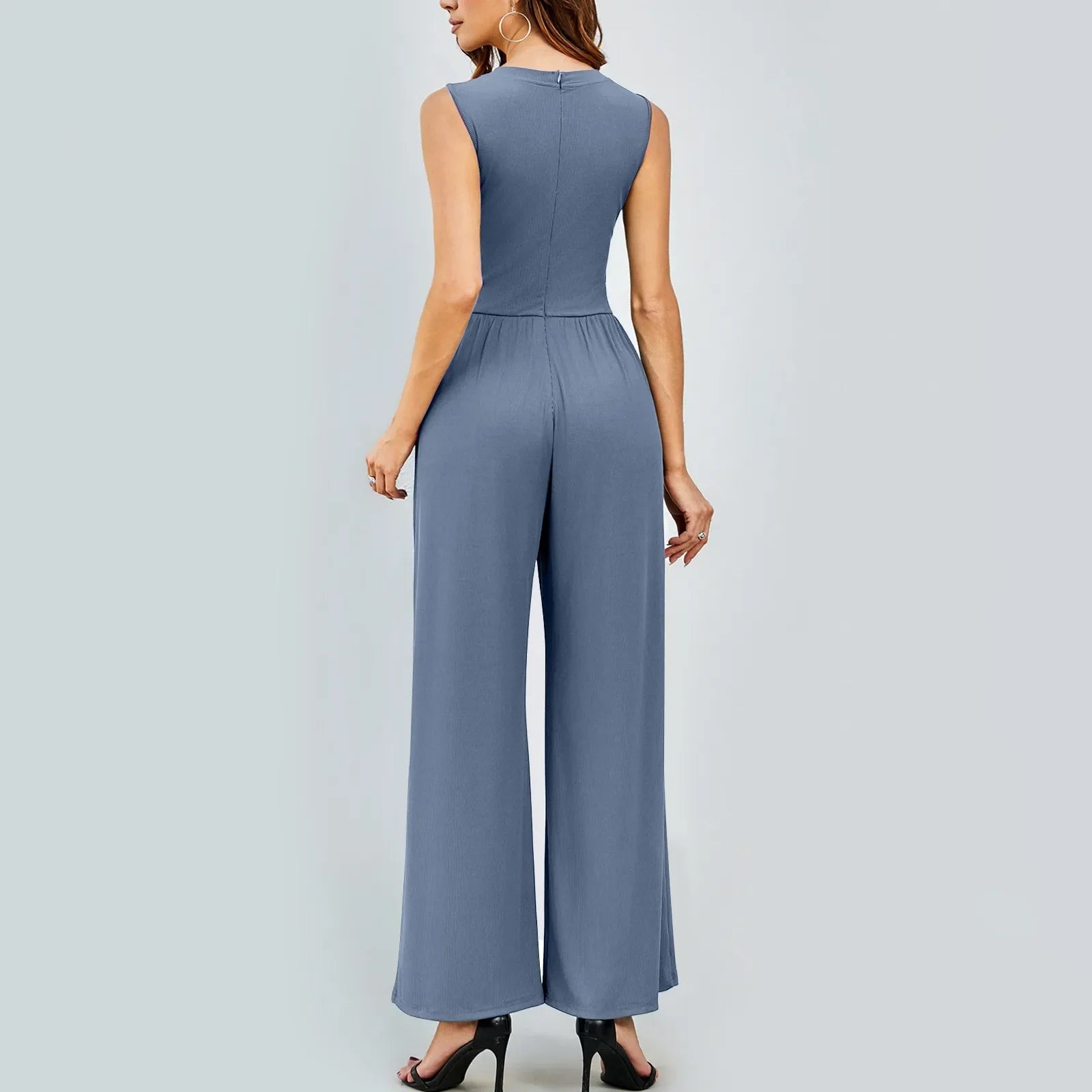Women Sleeveless High Neck Ribbed Tank Top Jumpsuit Wide Leg Pants Romper with Tummy Control and High Waist Casual Summer Outfit