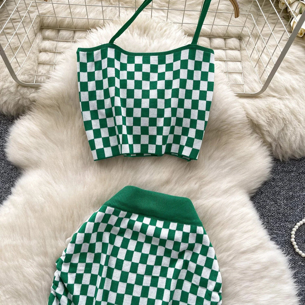 Women's Plaid Strapless Mini Top and High Waist Bodycon Skirt Set Casual Knitted Two-Piece Outfit