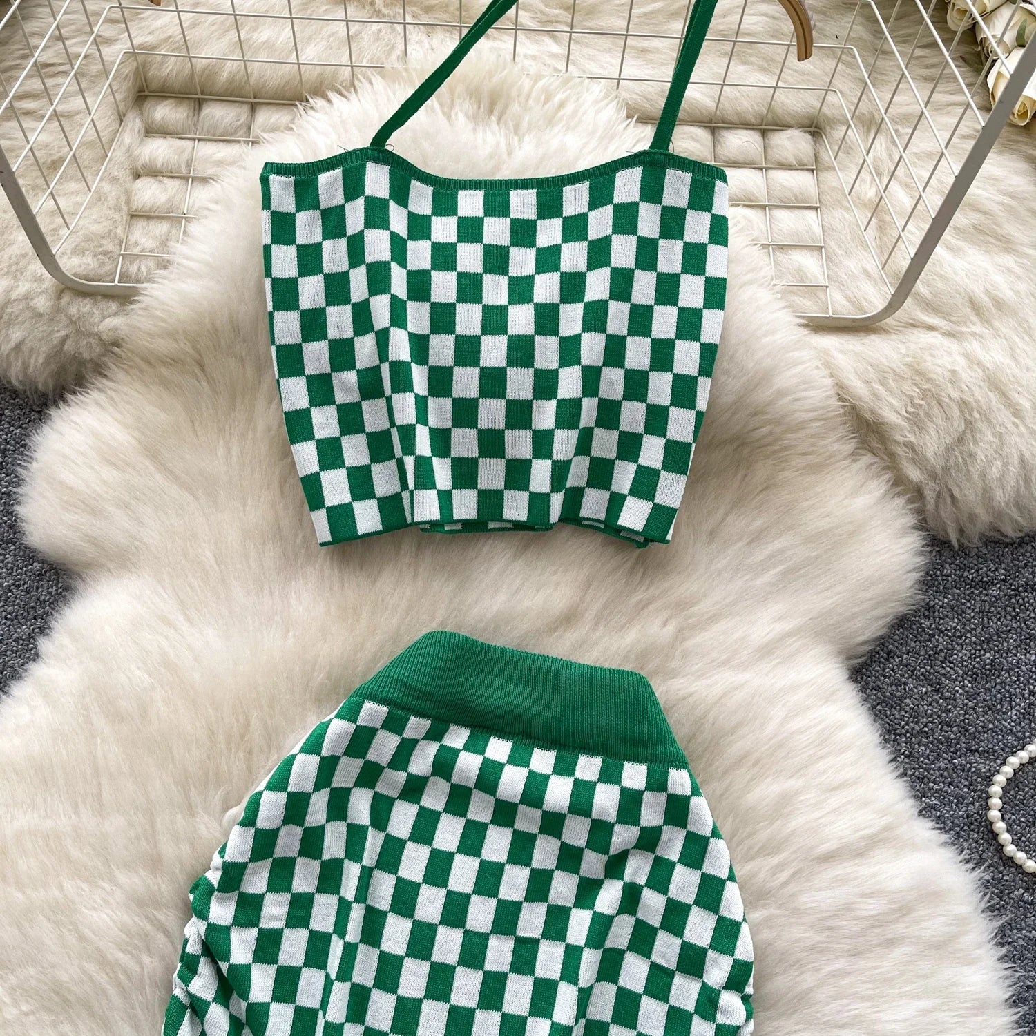 Women's Plaid Strapless Mini Top and High Waist Bodycon Skirt Set Casual Knitted Two-Piece Outfit