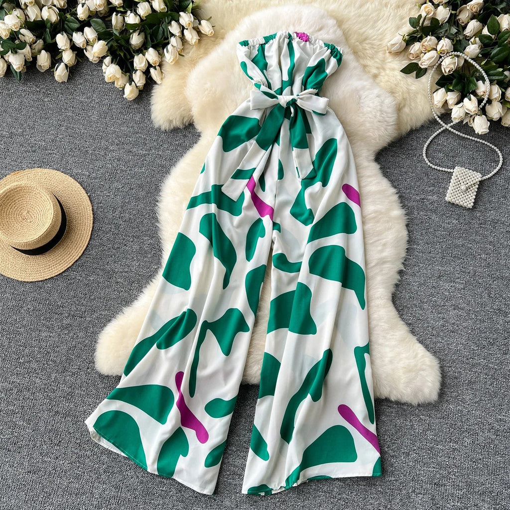 Women's Elegant Suspender Jumpsuit Sexy Printed Casual Hip Waist Overalls Romper