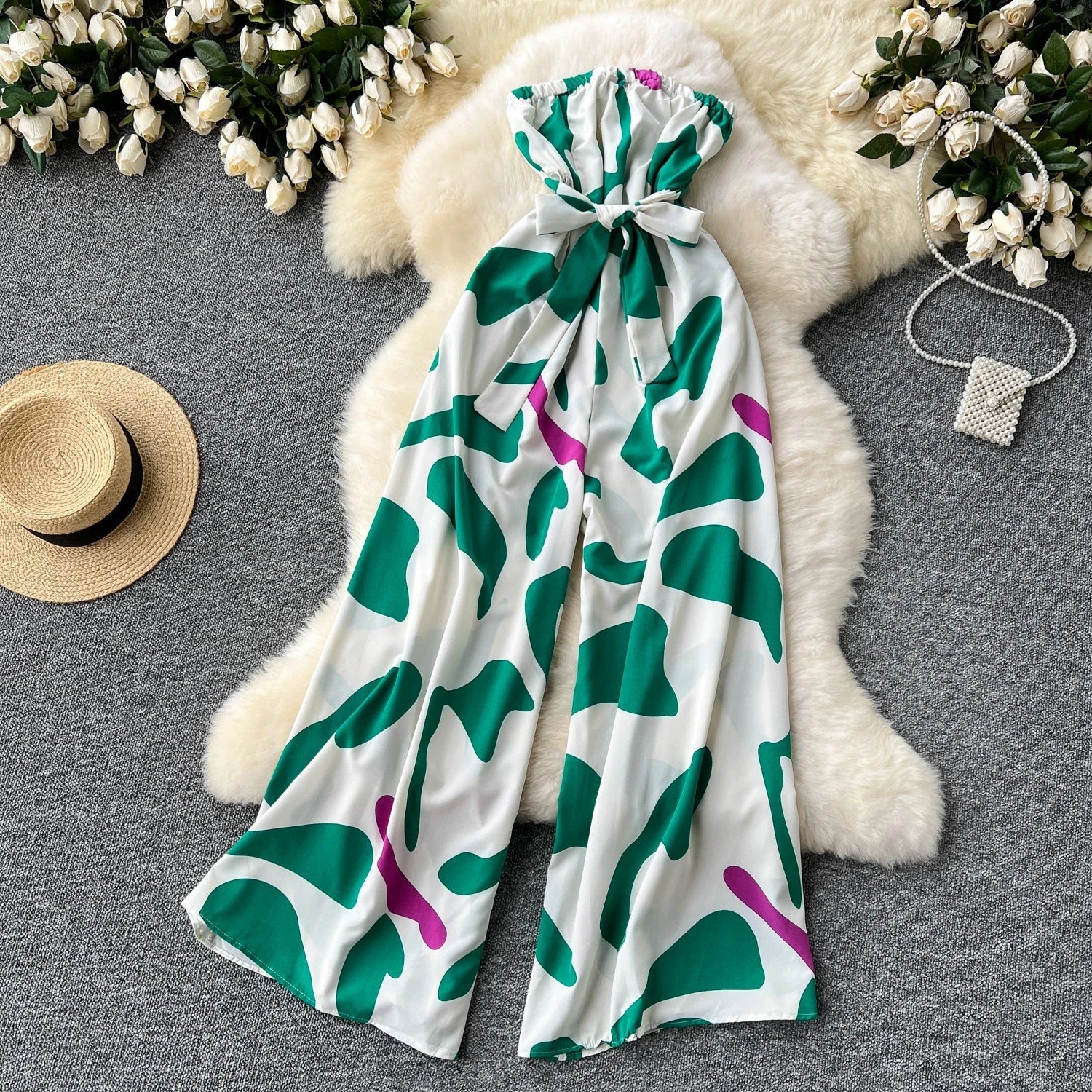 Women's Elegant Suspender Jumpsuit Sexy Printed Casual Hip Waist Overalls Romper