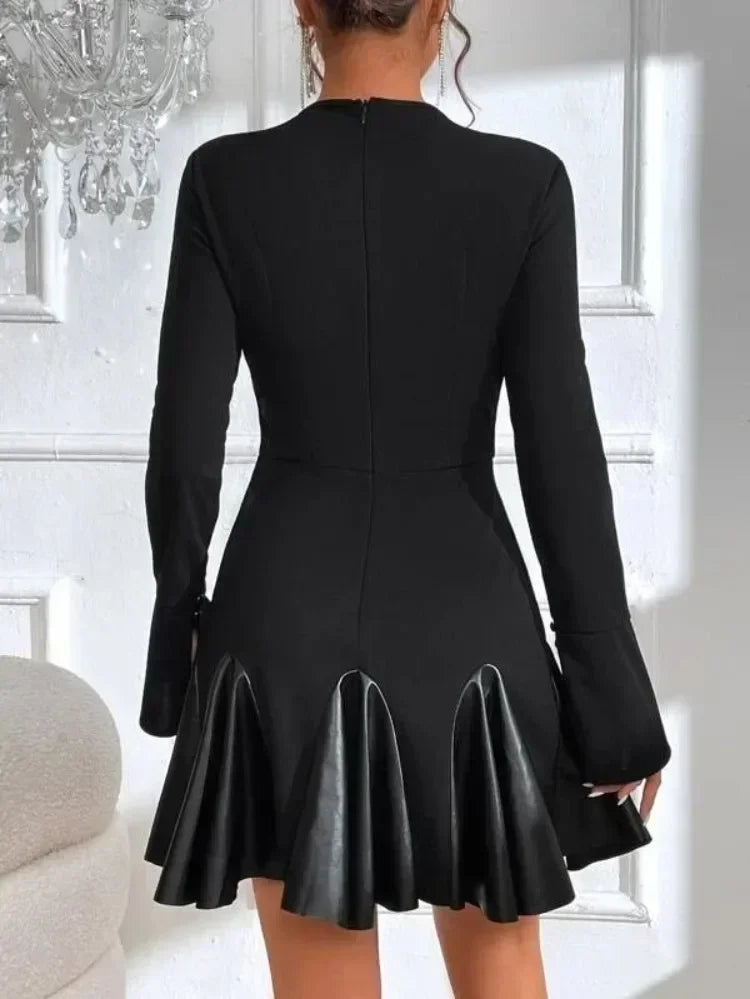 PU Leather Long Sleeve Patchwork Dress With High Collar