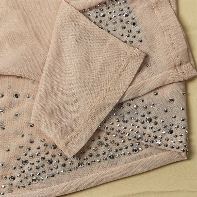 Sexy Rhinestone Long Sleeve Sheer Mesh Patchwork Skinny Jumpsuit Romper for Women Luxury Night Party Club Overalls Birthday Outfit