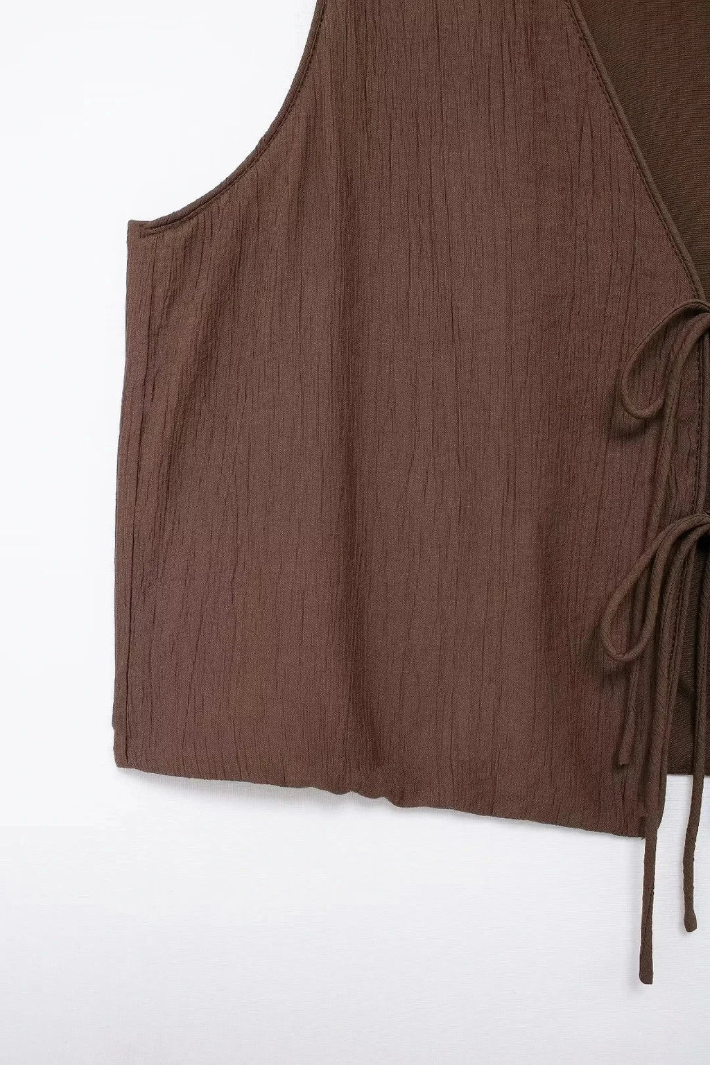 Summer Women's Elegant Solid Color Skirt Set Casual V-neck Bow Lace-Up Sleeveless Crop Vest Top with Loose Drawstring Midi Skirt