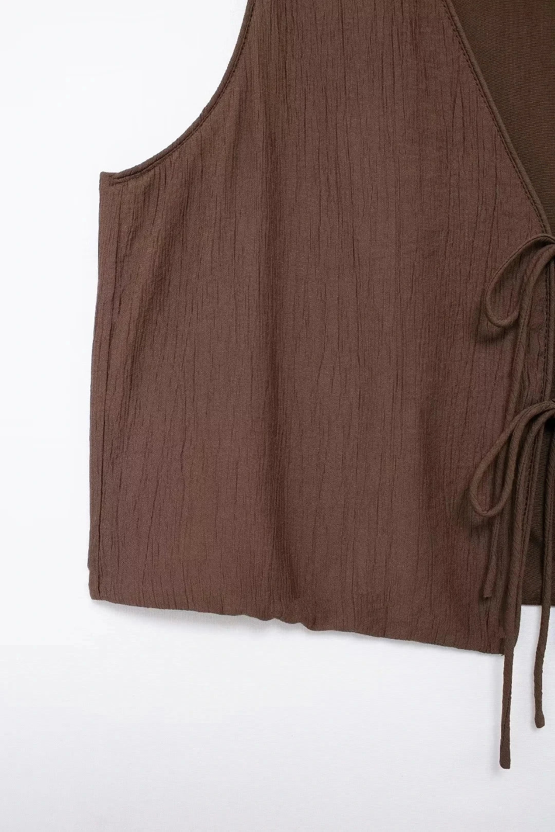 Summer Women's Elegant Solid Color Skirt Set Casual V-neck Bow Lace-Up Sleeveless Crop Vest Top with Loose Drawstring Midi Skirt