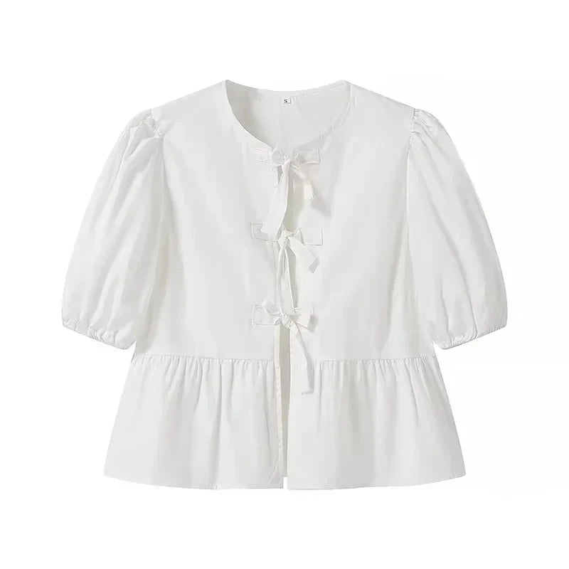 Women Bow Lace Up Puff Sleeve Blouse O Neck Sweet Casual Chic Top in White and Black