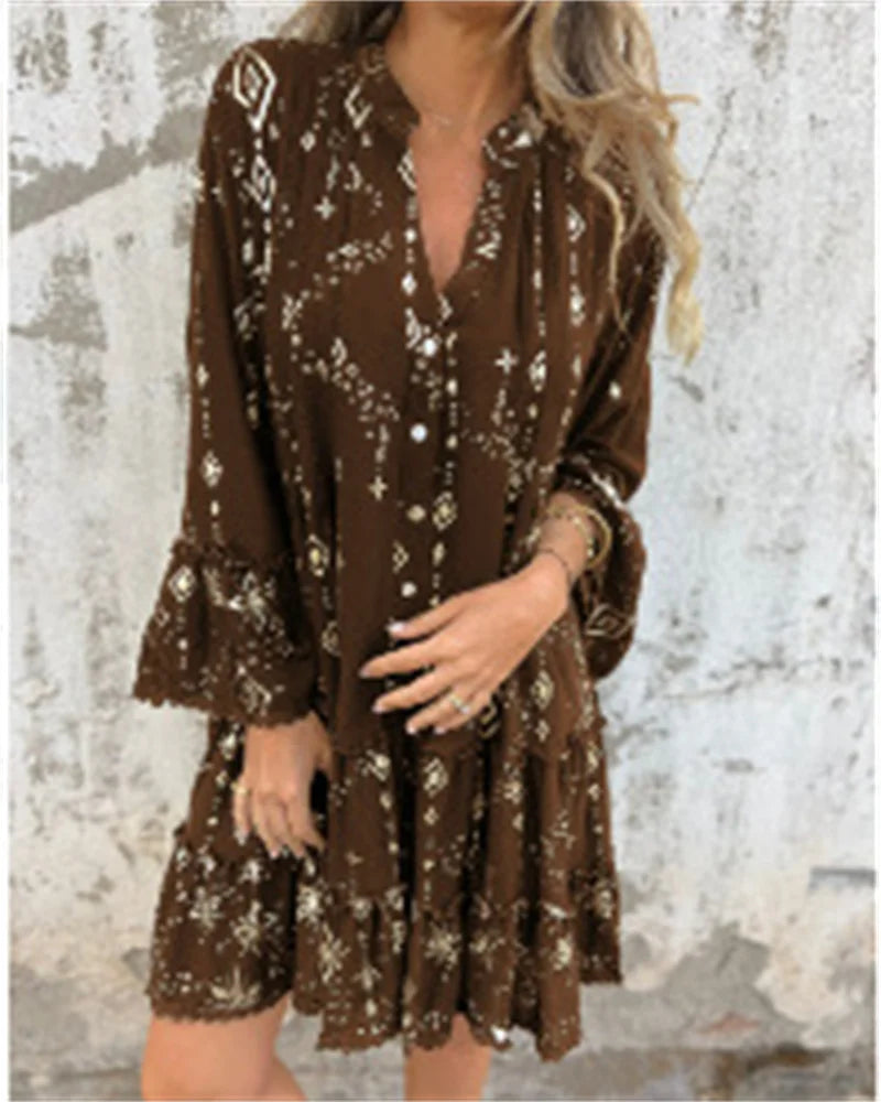 Gold Embossed Lace Sleeve Hollow Out Dress For Women