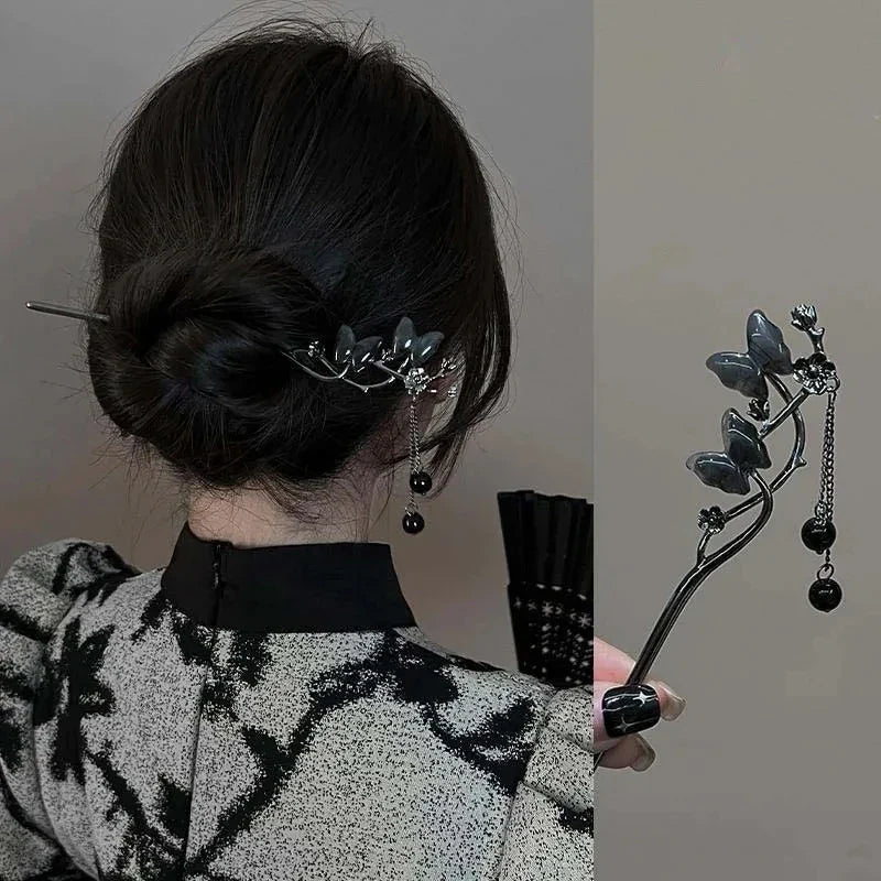 Chinese Style Vintage Butterfly Flower Hair Stick with Tassels for Women Hair Accessories