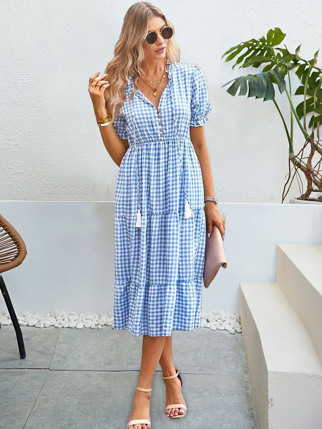 Plaid Short Sleeve Sundress A Line Tassel Elastic Waist