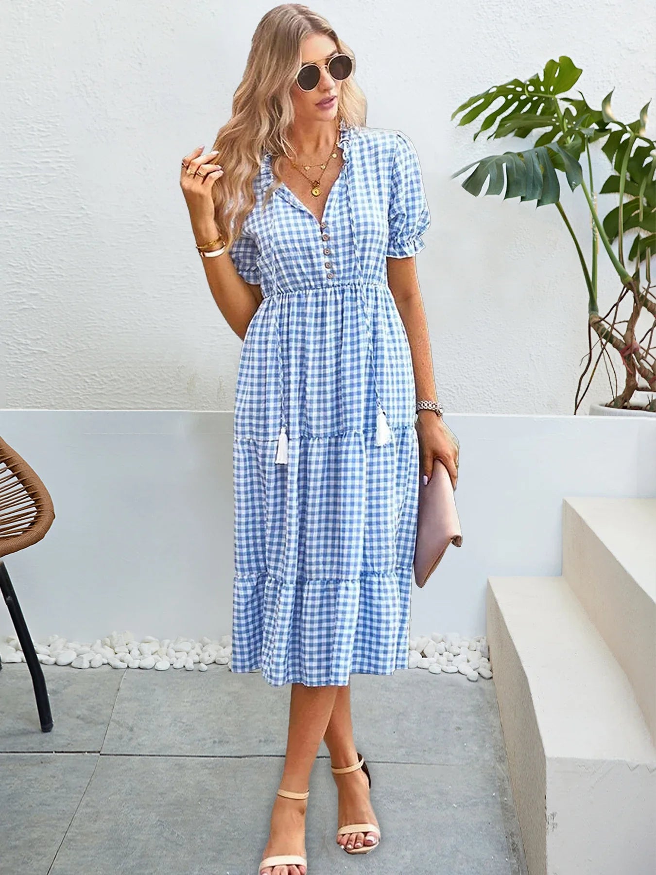 Plaid Short Sleeve Sundress A Line Tassel Elastic Waist