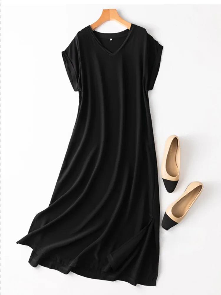 Mulberry Silk 19 Momme Midi Dress With V Neck And Slit