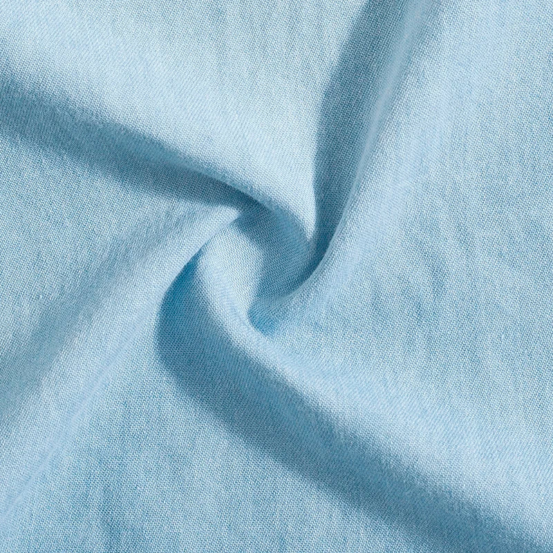 Elegant Sky Blue Denim Shirt for Women Long Sleeve Blouse with Pearl Buttons and Front Pockets Breathable Cotton Korean Style Top