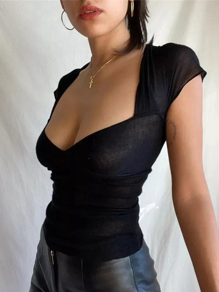 Square Collar Backless Crop Top for Women Short Sleeve Elegant Streetwear Tees