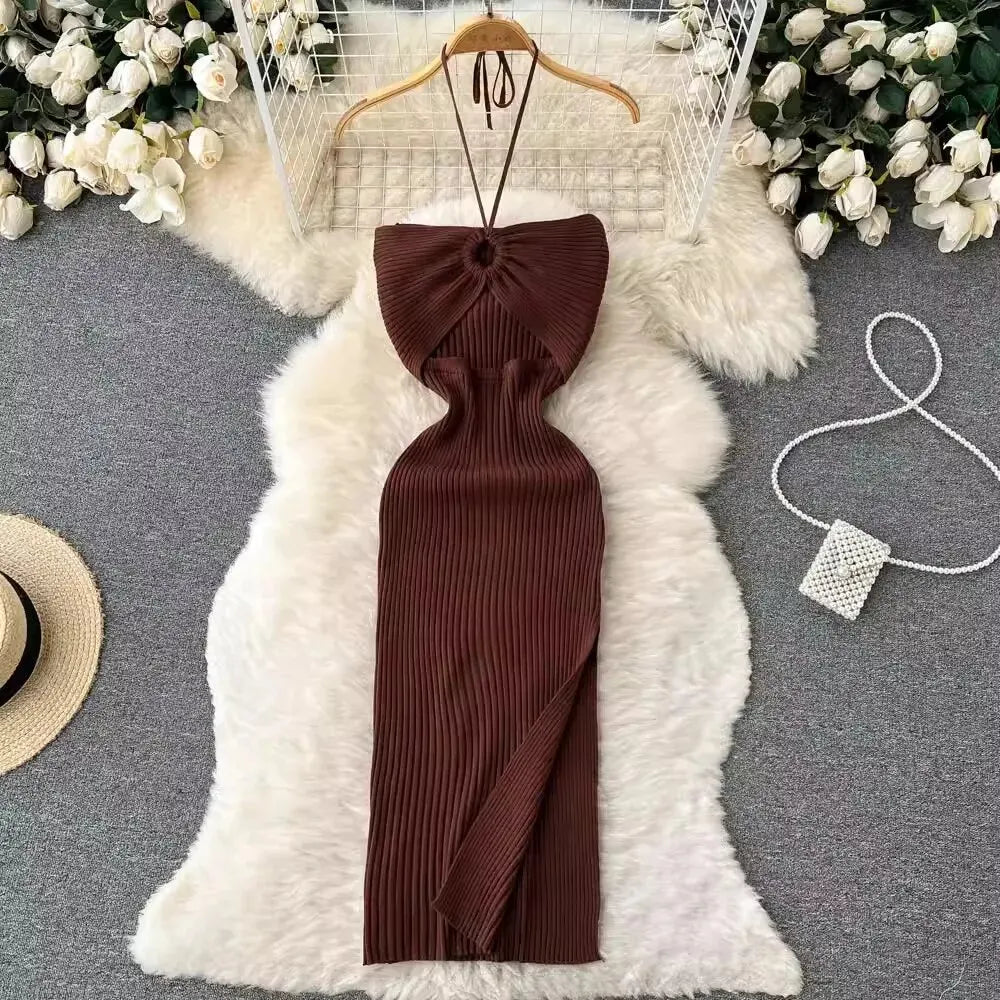 Sexy Knitted Bodycon Dress Women Split Design Party