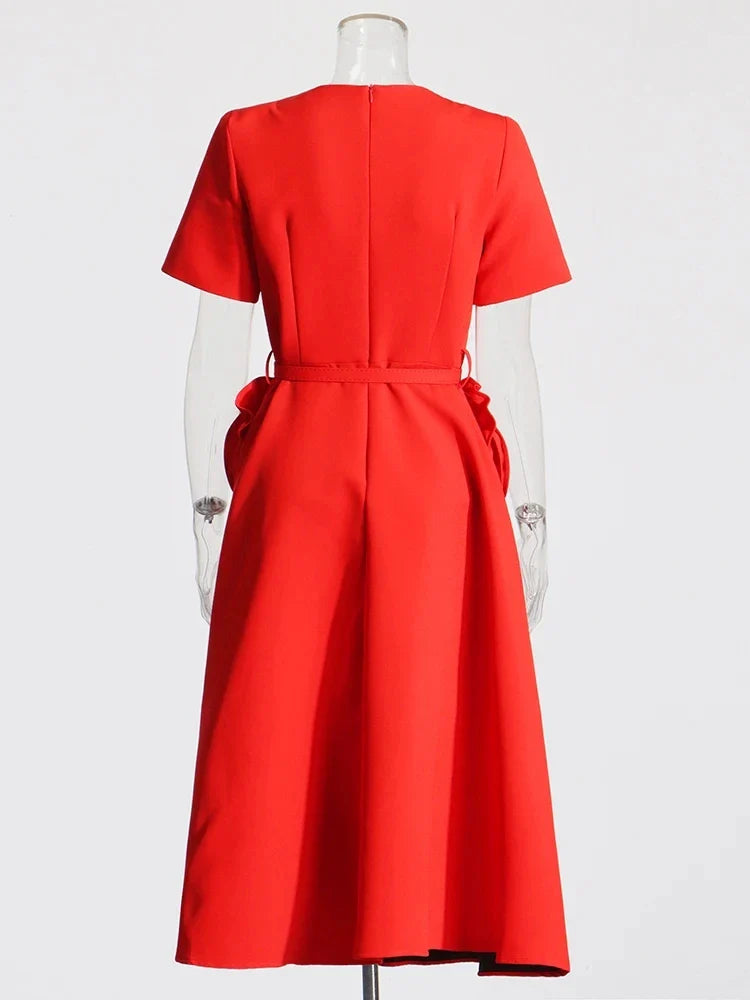 Hollow Out Patchwork Dress For Women V Neck Long Belted