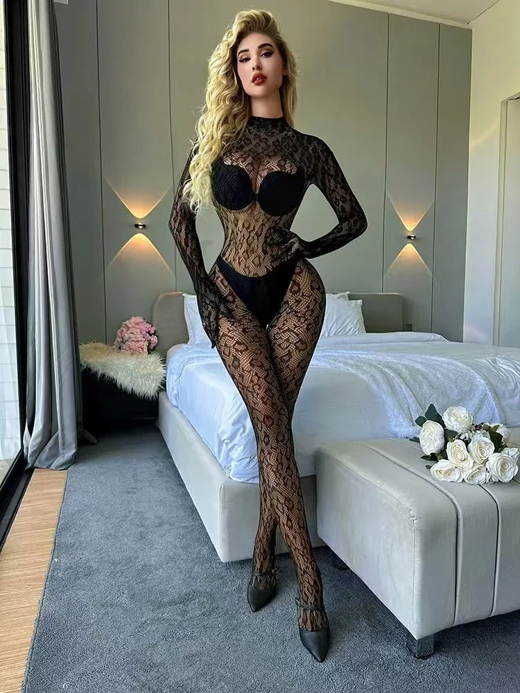 Women's Sexy Leopard Print Hollow Out Mesh Bodystocking Long Sleeve Fishnet See Through Bodysuit Jumpsuit Nightwear