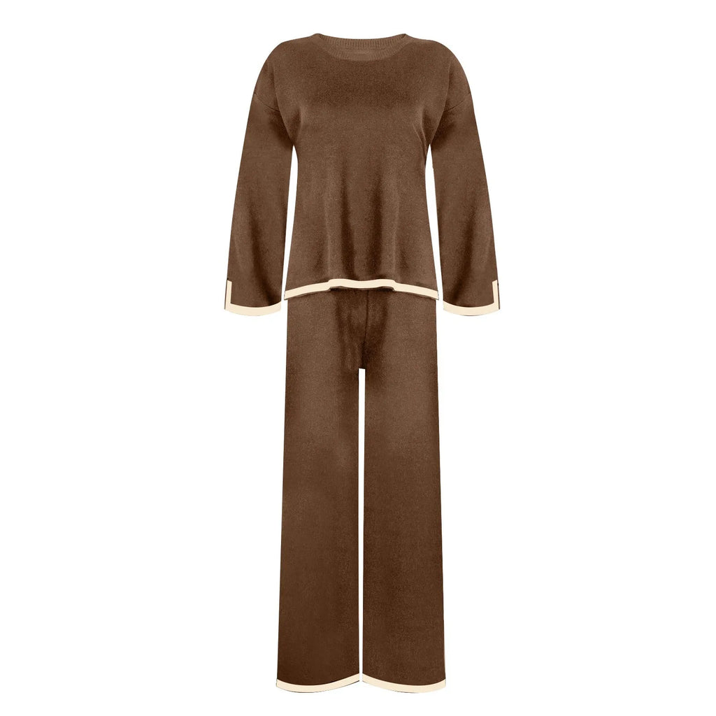 Knitted Women's Casual Two Piece Set with Long Sleeve Sweater and Wide Leg Pants for Comfortable Homewear