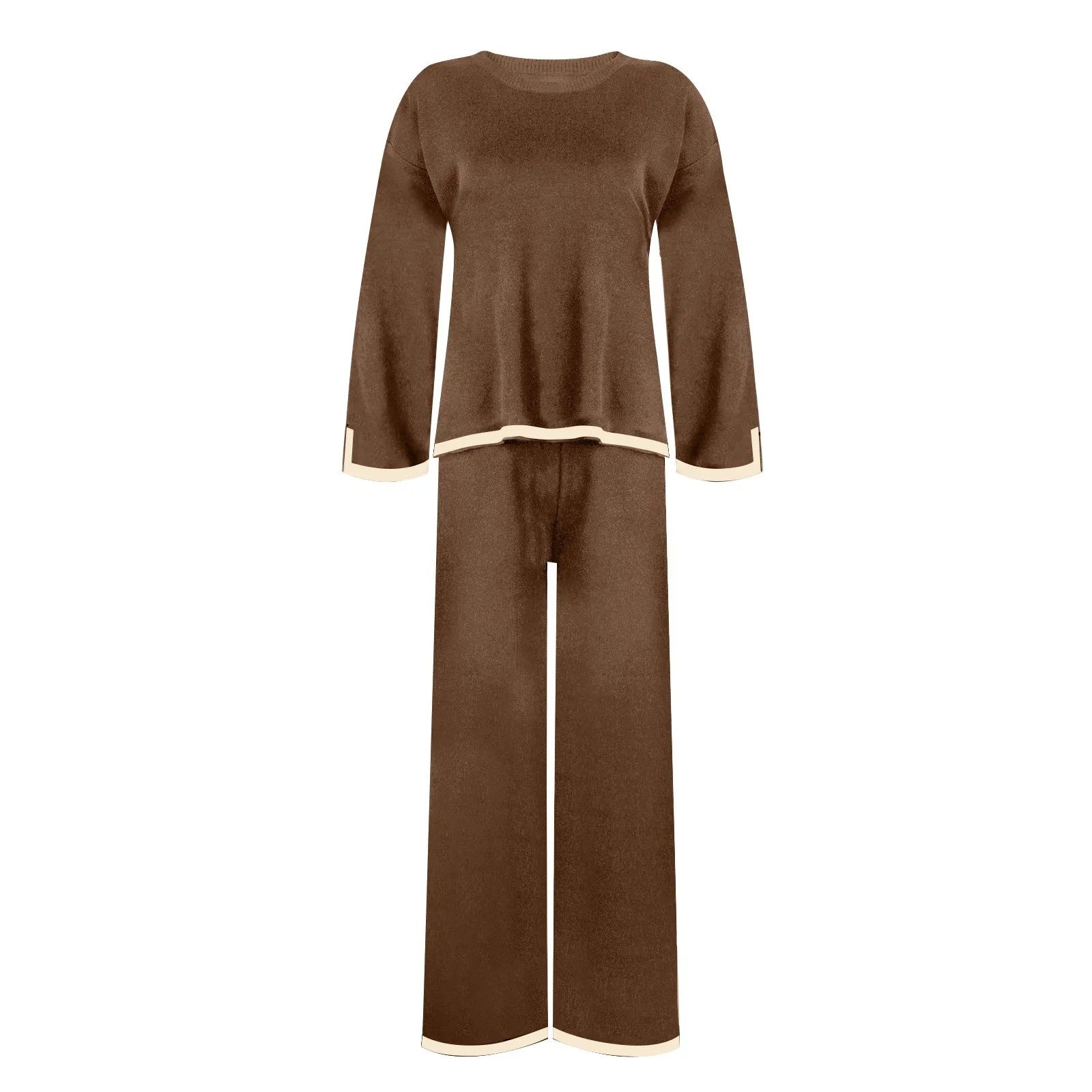 Knitted Women's Casual Two Piece Set with Long Sleeve Sweater and Wide Leg Pants for Comfortable Homewear