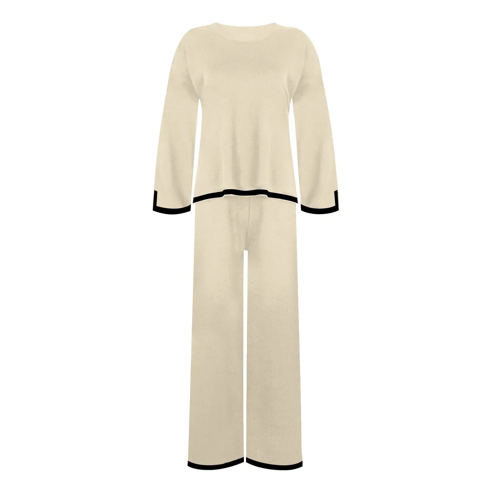 Knitted Women's Casual Two Piece Set with Long Sleeve Sweater and Wide Leg Pants for Comfortable Homewear