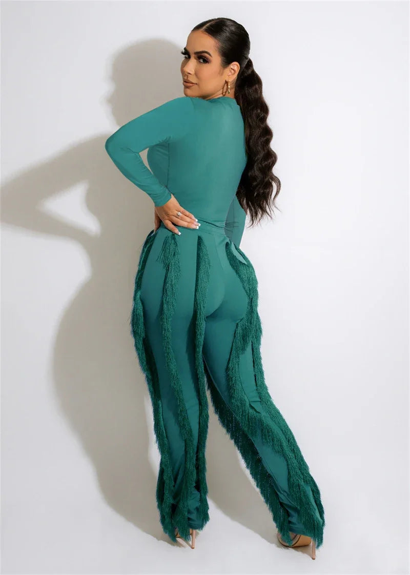 Elegant 2 Piece Women's Outfit Long Sleeve Bodysuit Top and Tassel Pants Set for Autumn Winter