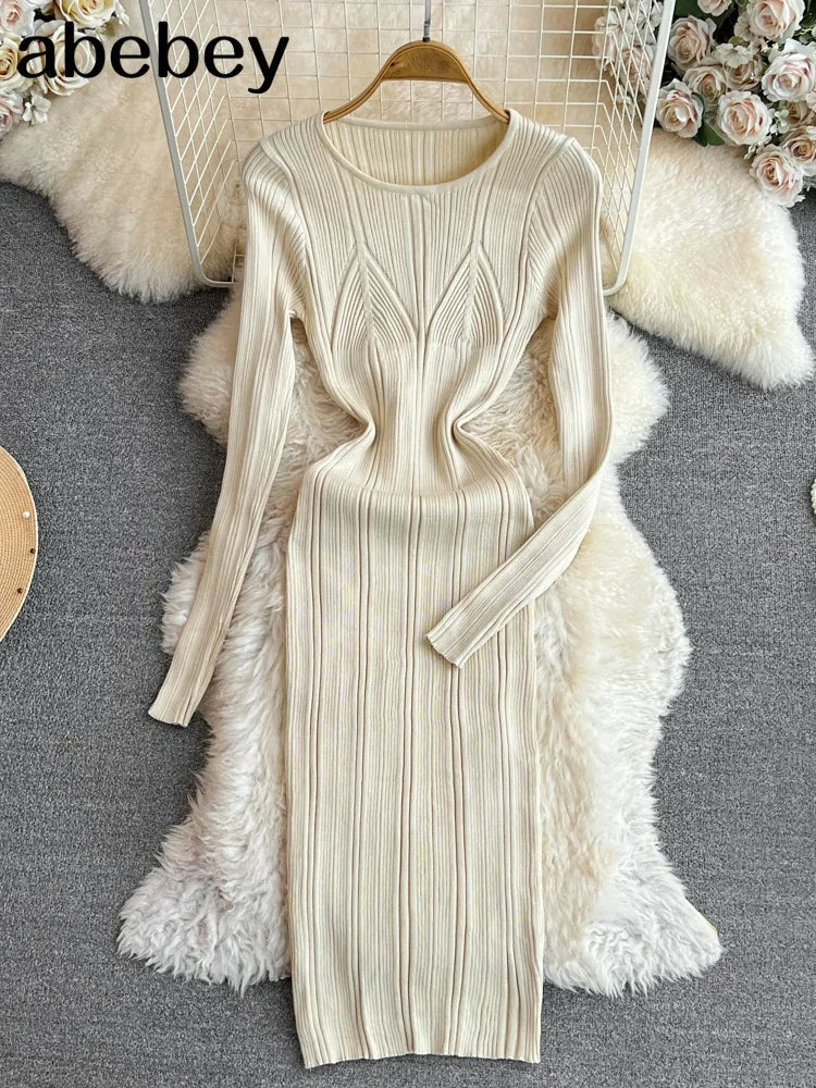 Long Sleeve Knitted Bodycon Dress For Women Autumn Retro