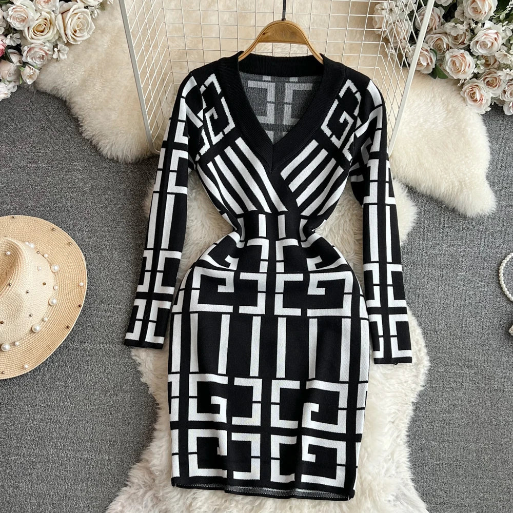 Geometric Knitted Bodycon Dress for Autumn Winter Women