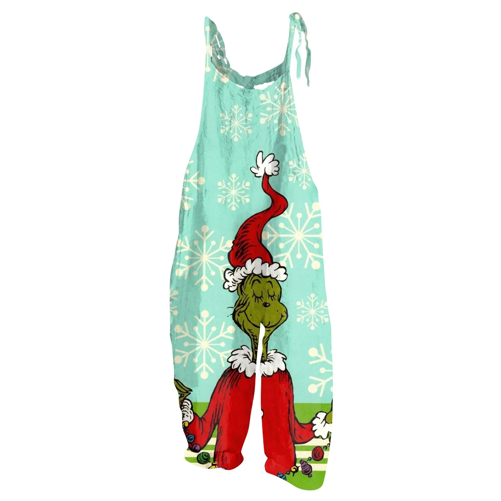 Kawaii Cartoon Print Casual Loose Vintage Strappy Jumpsuit Women's Fashion Festival Pants with Christmas Theme