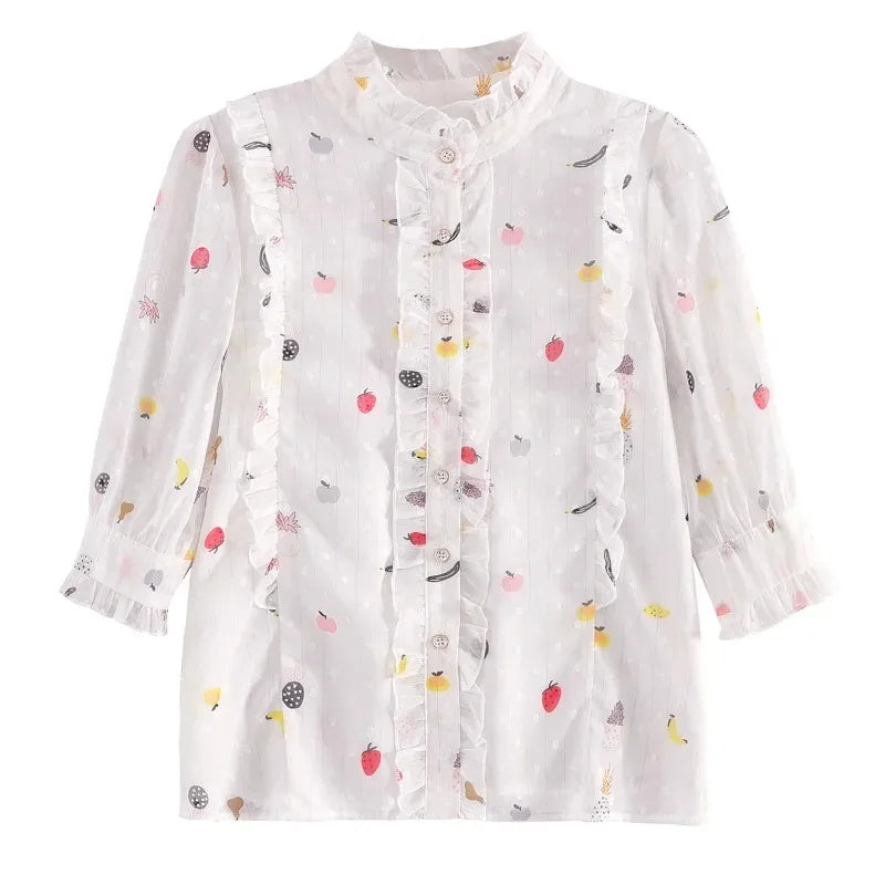 Women's Sweet Floral Print Chiffon Blouse with Edible Tree Fungus Collar, Half Sleeve Lightweight Summer Top, Casual and Comfortable White Shirt
