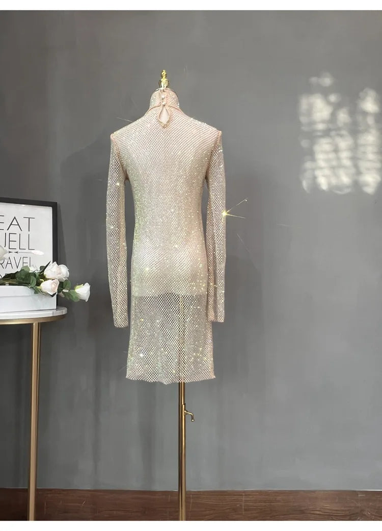 Rhinestone High Neck Glitter Party Dress Mid Length