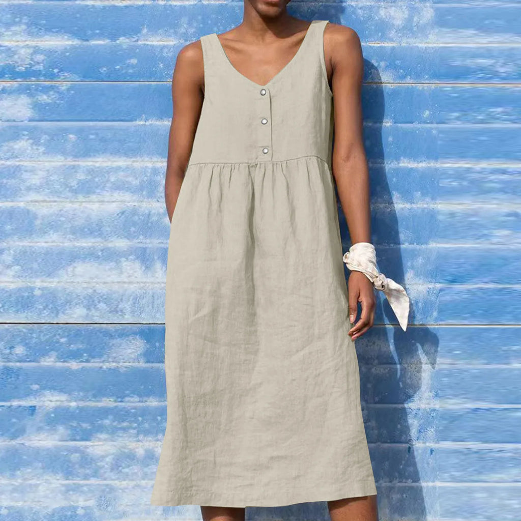 Boho Cotton Linen Sleeveless Dress For Women Summer Holiday