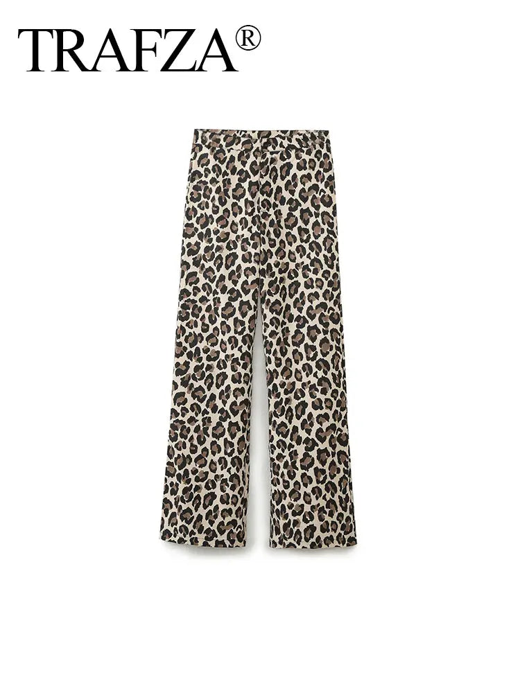 Leopard Print Wide Leg Pants for Women High Waist Slim Straight Long Trousers Fashionable Streetwear Bottoms
