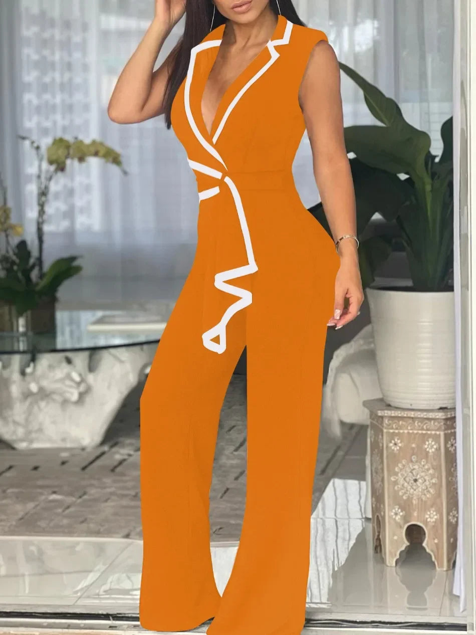 Women's Elegant Sleeveless V Neck Overalls Jumpsuit Full Length Wide Leg Pants Office Casual Summer Outfit