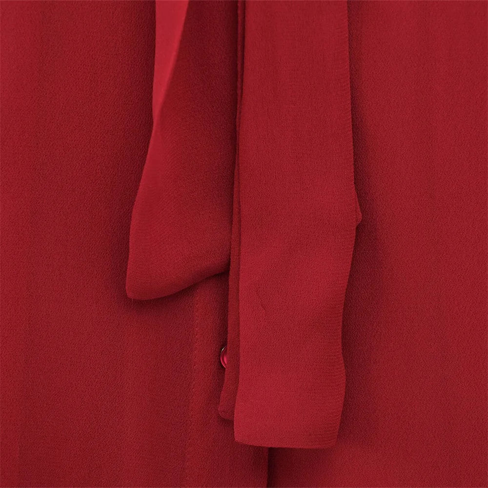 Women's Casual Long Sleeve Bow Tie Shirt Retro Loose Fit Solid Color Spring Top