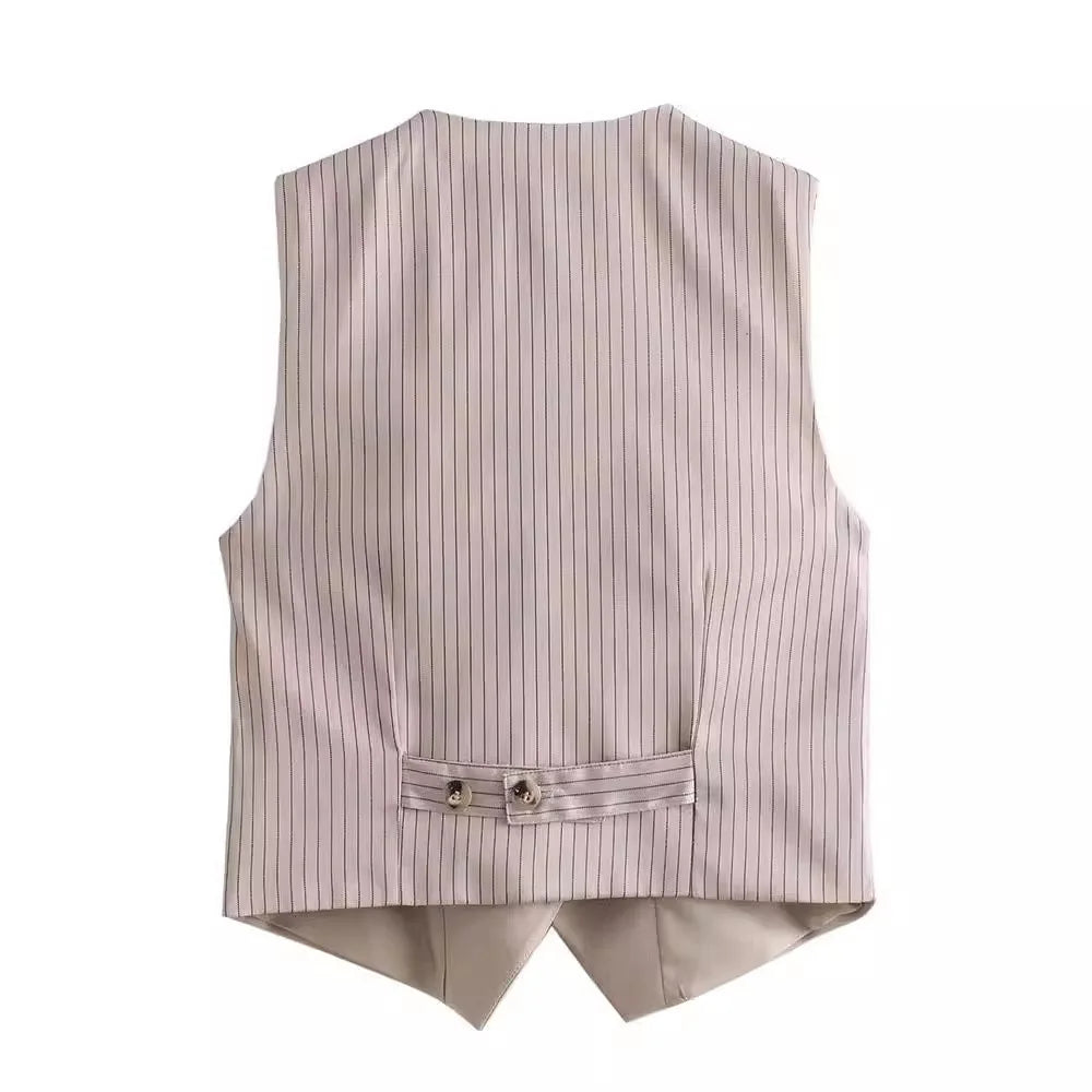 Khaki Women's Suit Set with High Waisted Straight Leg Pants and Fashion Vest