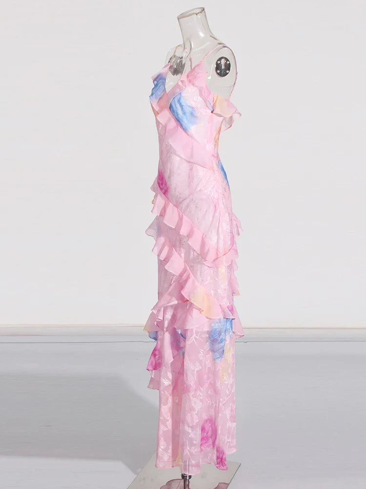 V Neck Sleeveless Backless Long Dress With Ruffles For Women