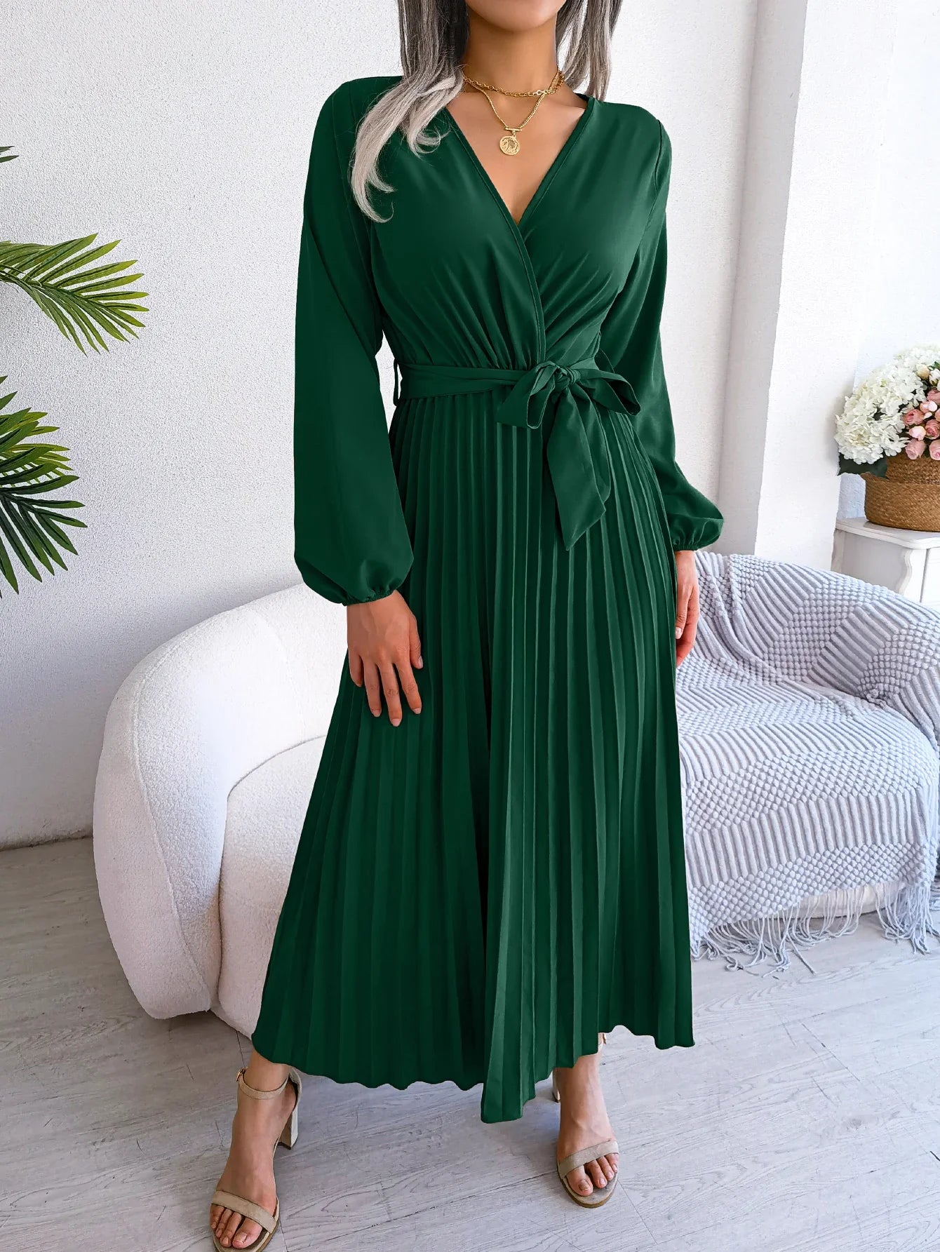 Elegant Surplice Neck Pleated Maxi Dress With Belt Flair