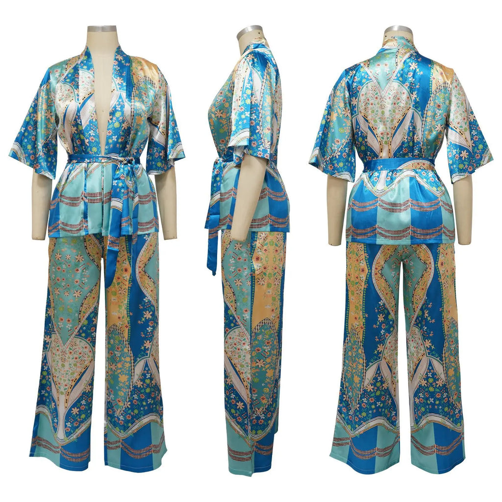 Women's Imitation Silk Printed Two Piece Set with Lace-Up Long Sleeve Top and Wide-Leg Pants for Casual Street Style