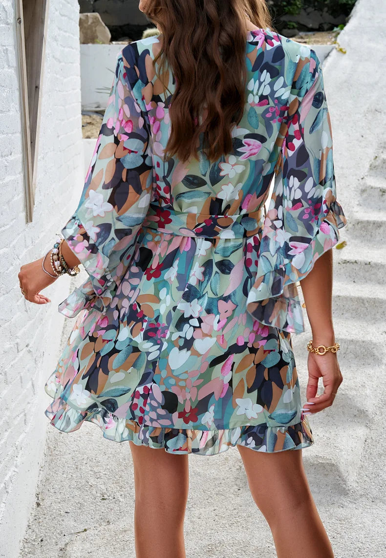 Floral Print Midi Dress with Strappy Lace Up V Neck Party