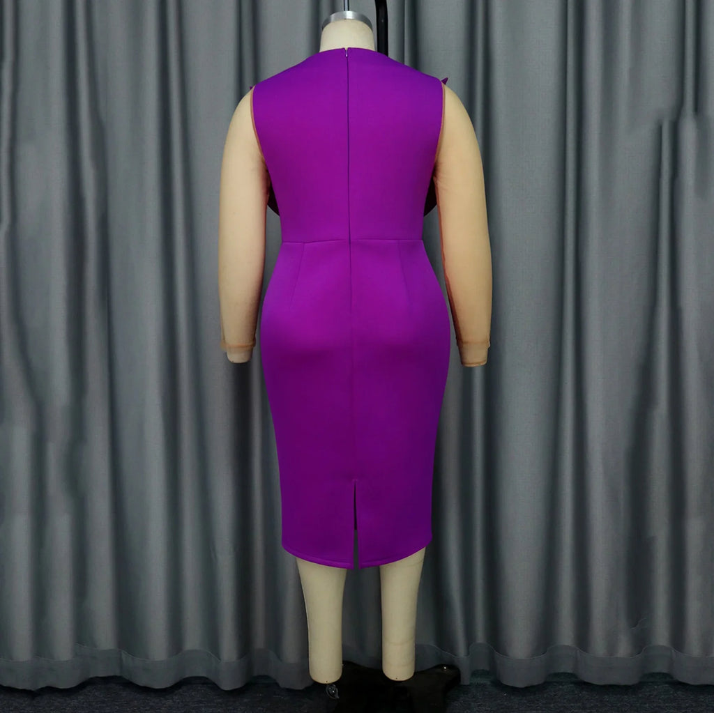 Purple Sheath Dress With O Neck Long Sleeves Calf Length