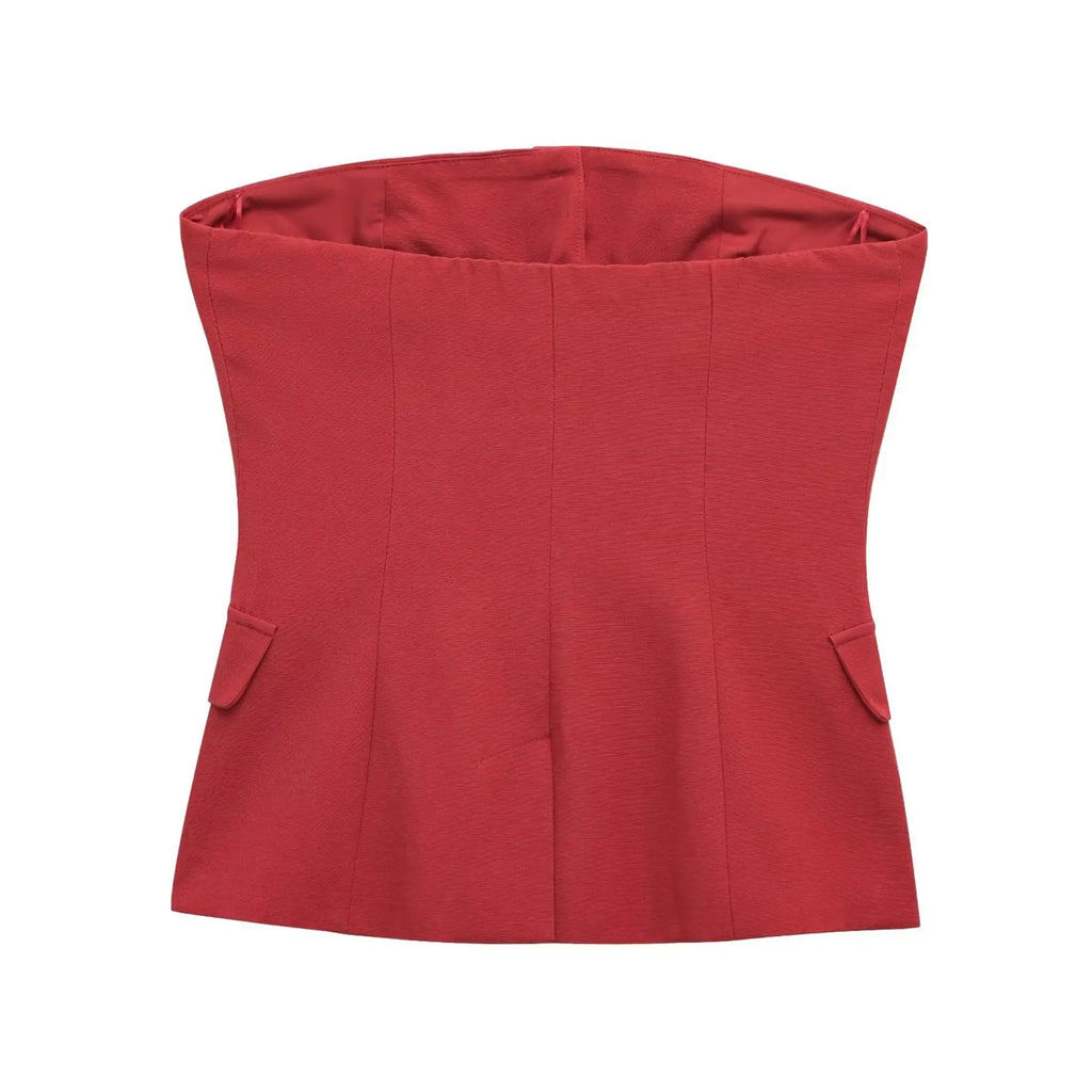 Elegant Red Pant Suit for Women with Front Button Decoration and Strapless Sexy Tank Tops, Wide Leg Trouser Fashion Streetwear