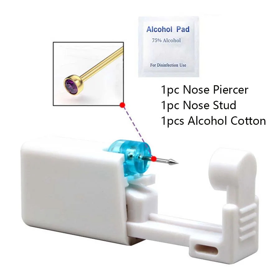 Disposable Nose Piercing Gun Kit with Built-In Crystal Nose Stud for Easy Piercing