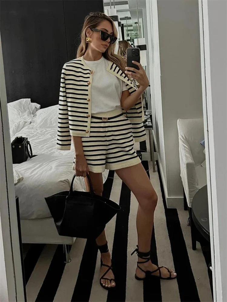 Autumn Striped Single Breasted Knit Cardigan and Shorts Two Piece Set for Women Elegant Sweater Top and Matching Bottoms Stylish Streetwear Outfit