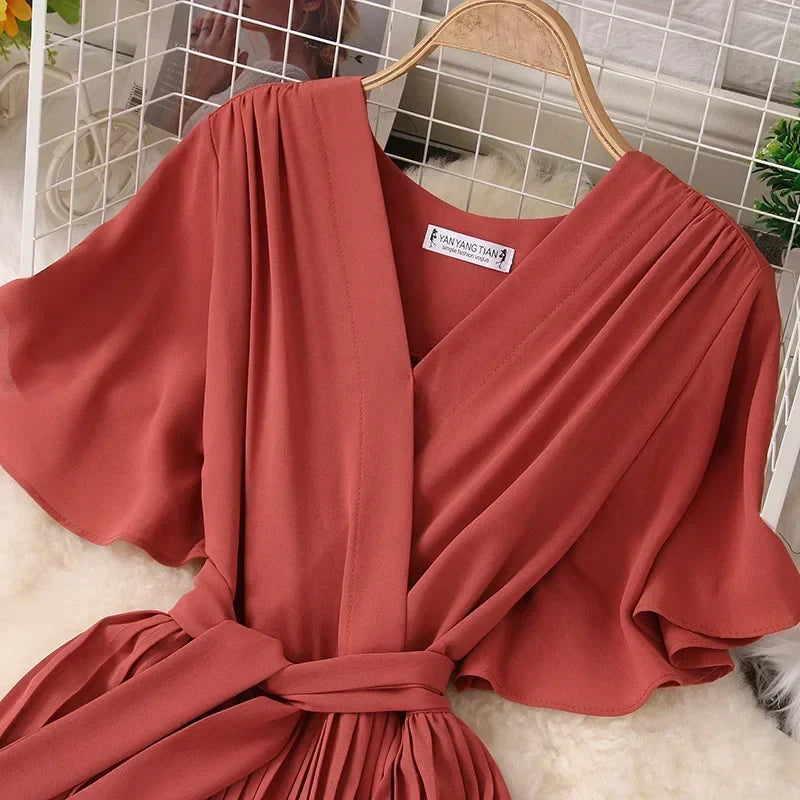 Chiffon Pleated Lace Up V Neck Dress For Women Summer