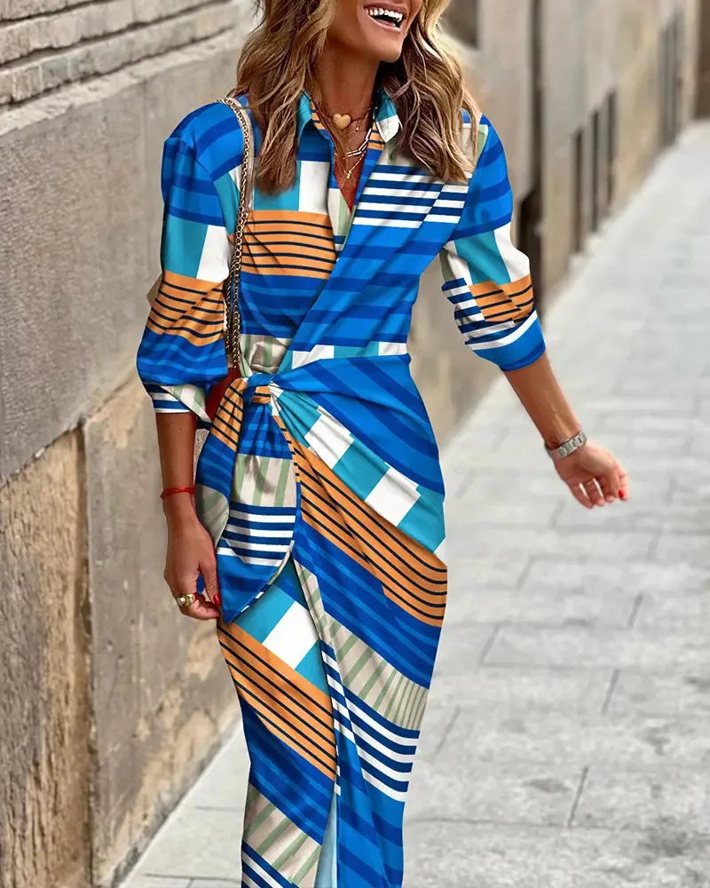 Printed Striped Shirt Collar Midi Dress For Women Everyday