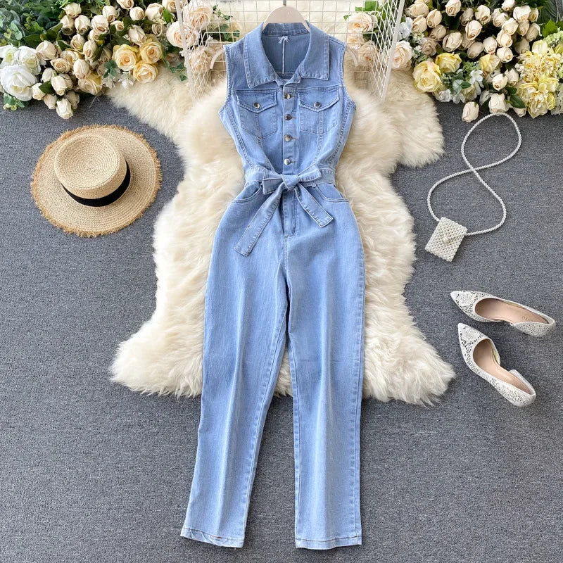 Sleeveless Denim Jumpsuit with Turn-Down Collar and Single Breasted Pockets Casual Summer Jean Outfit for Women with Stylish Sash Belt