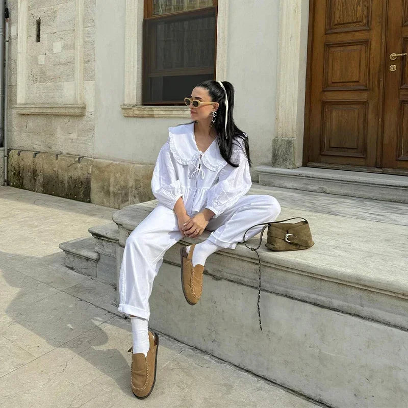 Women's Sweet Solid White Blouse with Front Bow Lace-Up Long Sleeves Elegant Casual Summer Top